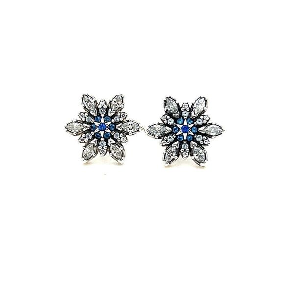 Pandora 925 Blue/White Cz Snowflake Stud Earrings - Picture 1 of 8